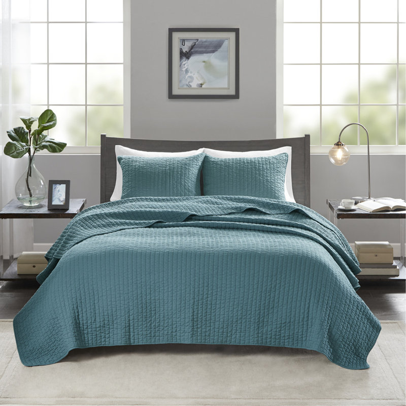 Ensemble de courtepointe 2 pièces bleu sarcelle simple, Courtepointe pour lit simple + 1 taie décorative , Sarcelle