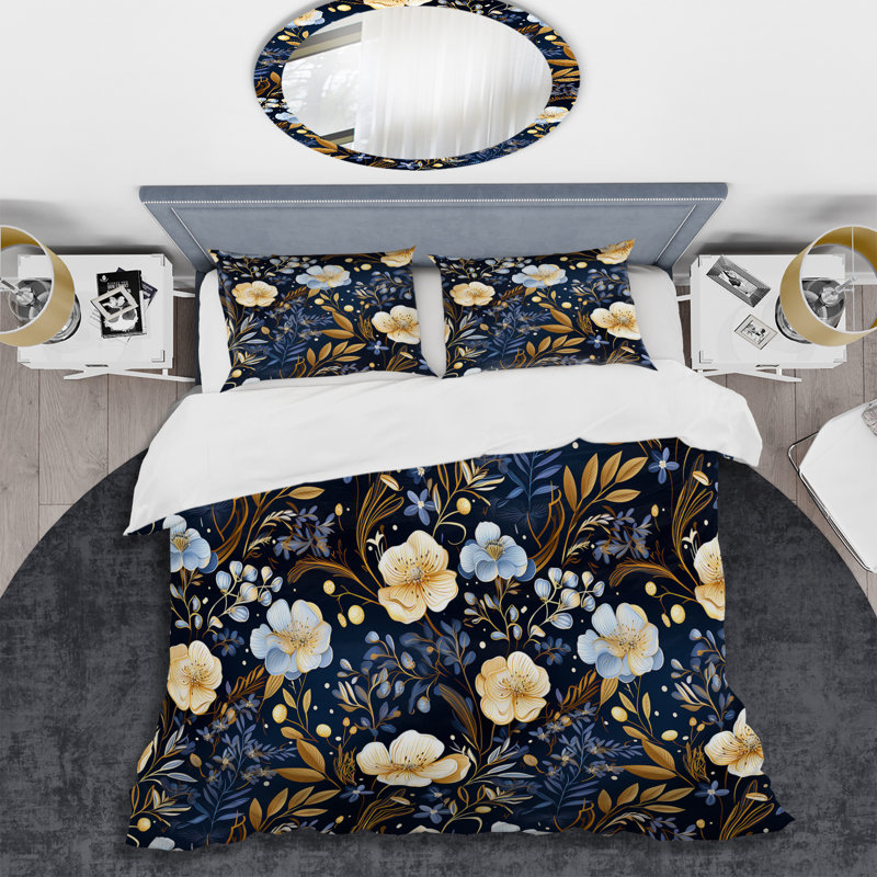 Motif de pivoines bleues et beiges - ensemble de housse de couette floral - microfibre de polyester