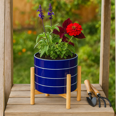 Pot de fleurs d'extérieur en céramique brillante sur support pour décoration intérieure - Pot de fleurs moderne et contemporain pour le salon ou le patio - Bleu marine