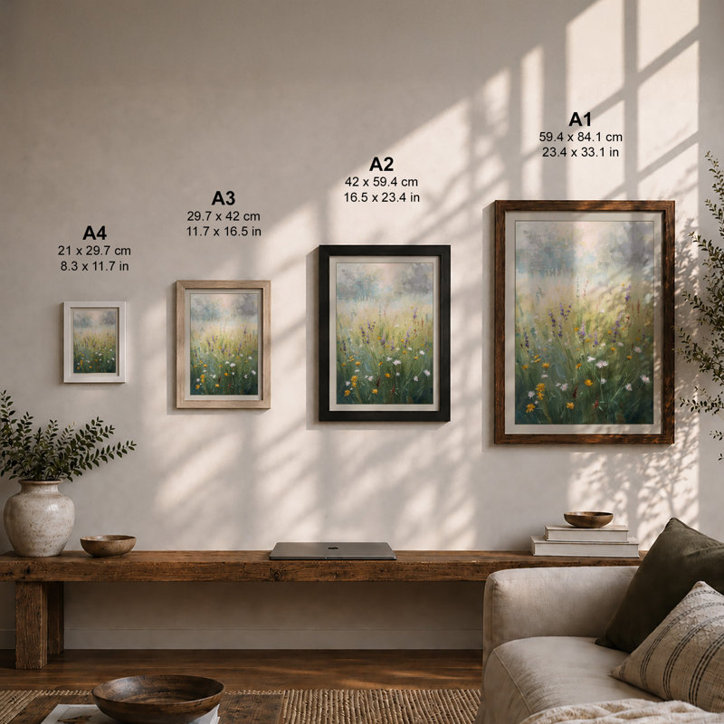 Wildflower Meadow at Dawn Botanical - Framed Print, Walnut, A4 - 29.7 x 21.0 cm