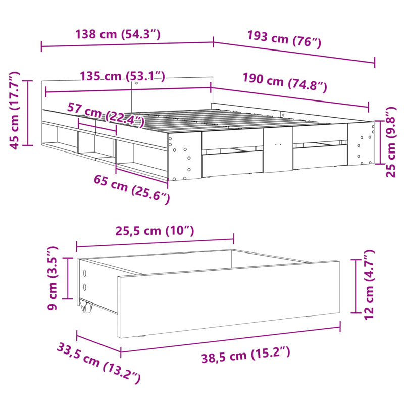 Obyrne Bed, 135 x 190cm, Smoked Oak