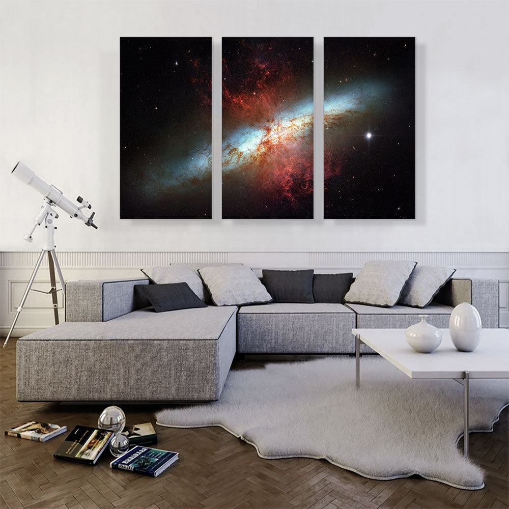 Hubble Telescope Starburst Galaxy Messier 82 - 3 Piece Wrapped Canvas Photograph Print Set ARTCANVAS 