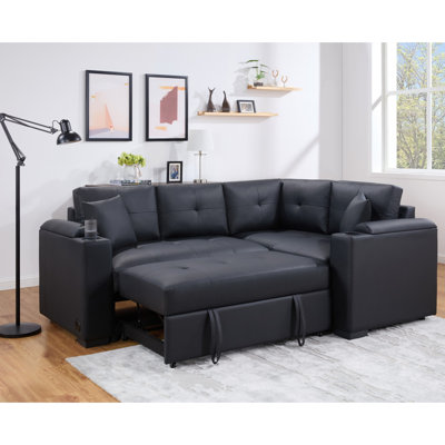 Canapé-lit modulaire en PVC avec chargeur USB et accoudoirs de rangement, noir