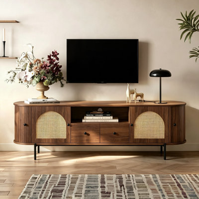  70.9" Mid-Century Modern TV Stand, Fits Up to 75 Inch TV, Rattan Arched Doors Media Console with Drawers