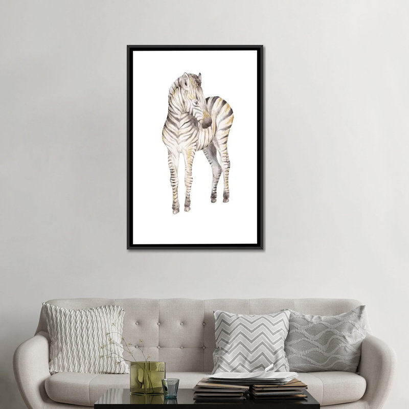 « discret baby zèbre », impression sur toile tendue, H 26 po x l 18 po x P 1,5 po, Toile avec cadre noir, Pas de tapis