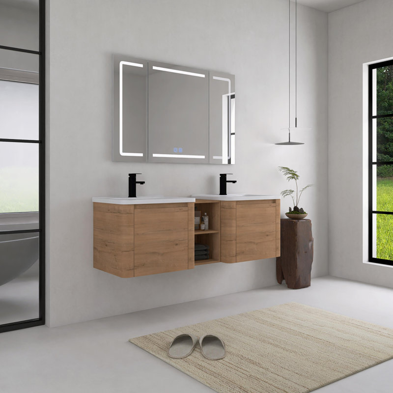 Meuble-lavabo mural 60/68 po avec lavabo en céramique, tablettes de rangement et portes à fermeture en douceur, 60"