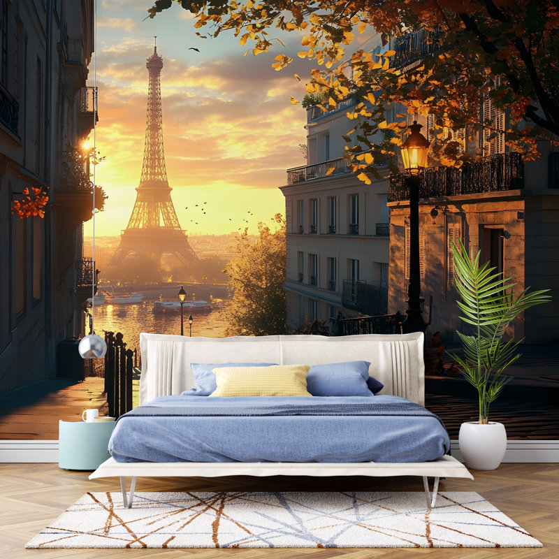 Papier peint Paris Night Glow - scène de rue Arc De Triomphe avec reflets de pluie et lumières café, L 96 po x l 60 po