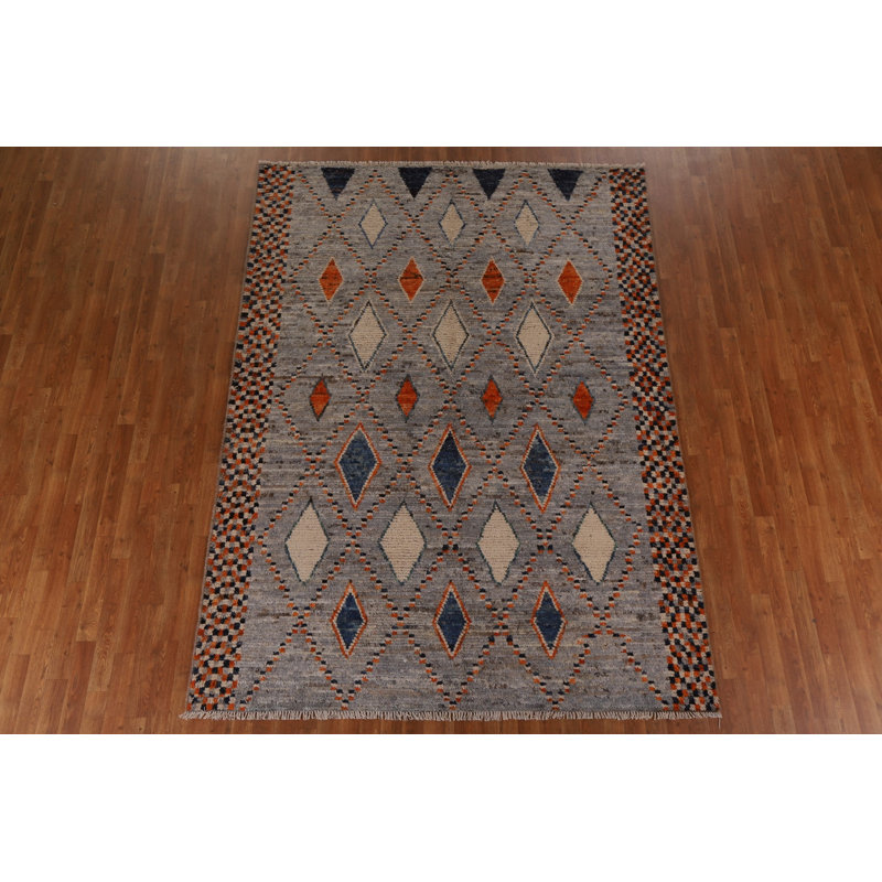 Tapis gris en laine noué à la main de conception unique 6 pi 11 po x 9 pi 7 po New Age