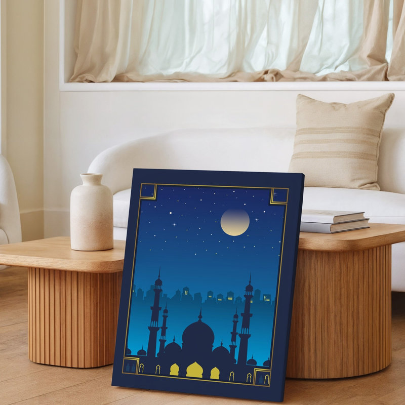 Toile, scène sereine de nuit mettant en vedette une silhouette de mosquée majestueuse contre un art mural bleu ciel illuminé par un grand art lumineux sur toile