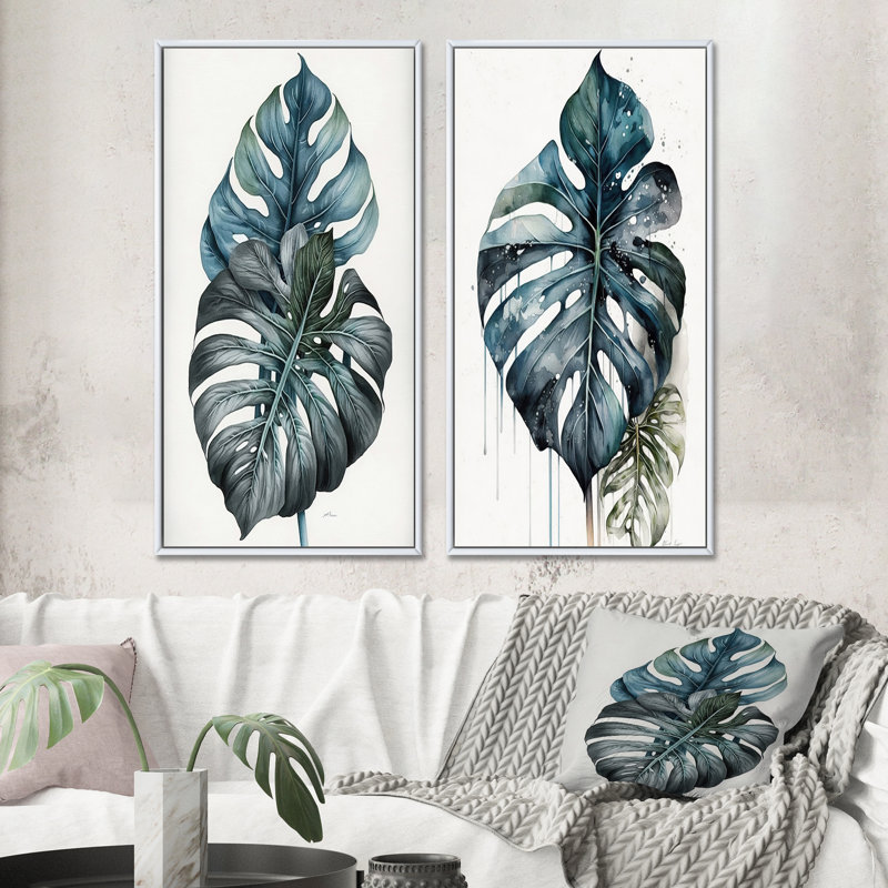 «Philodendron Leaf», 2 pièces sur toile, Cadre blanc, H 32 po x l 32 po