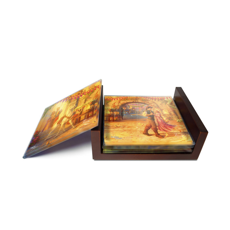 (Symboles) Ensemble de sous-verres en verre Starfire, ThomasKinkade / RapunzelDancingIn TheSunlitCourtya