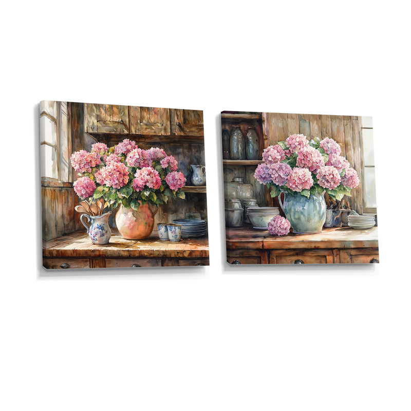 Hortensias à la ferme dans un vase en poterie I - Hortensia - Art mural traditionnel 2 pièces, Ne s’applique pas