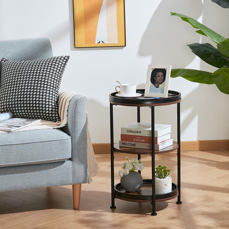 Table d'appoint ronde, table de bout industrielle avec 3 tablettes de rangement et structure en acier pour le salon, la chambre à coucher et les petits espaces - Brun rustique
