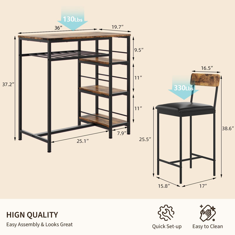 3-Piece Compact Dining Set for 2 with Wine Rack & Metal Frame – Modern Small-Space Dinette for Kitchen, Apartment – Tiger Wood