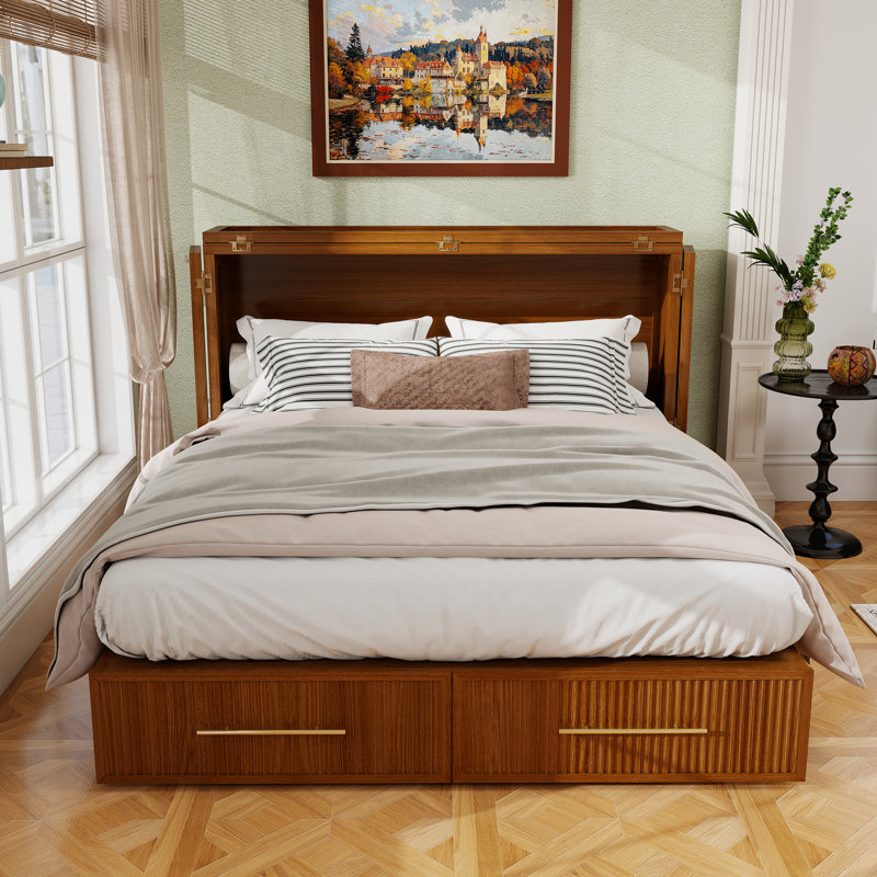 Modern Queen Murphy Bed with Storage Drawers & Charger, Solid Wood, Includes Mattress, Easy 60-Min Assembly