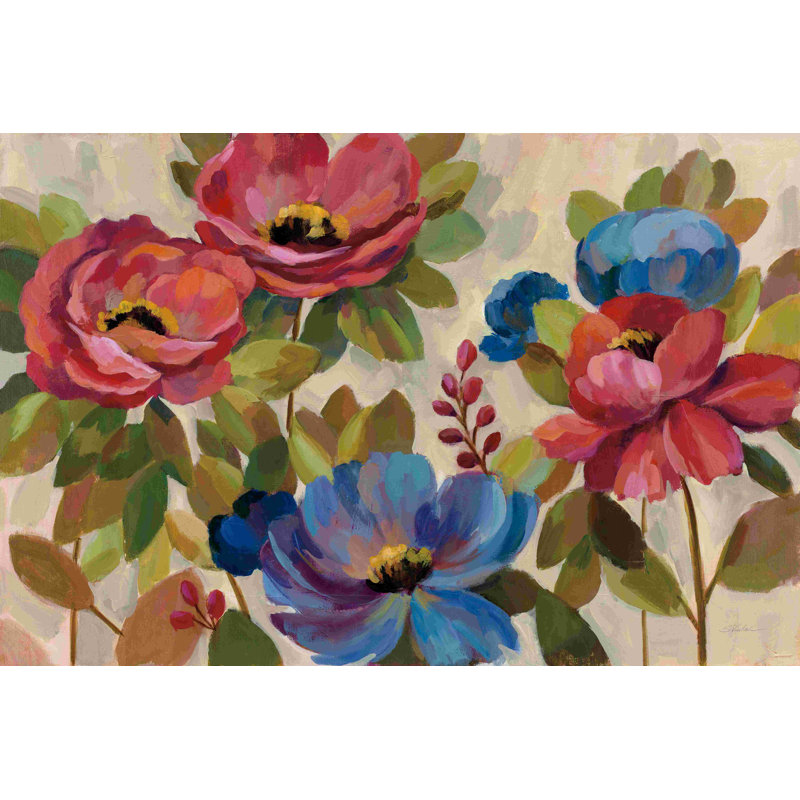 Corail et fleurs bleues, H 8 po x l 12 po, Non, Toile tendue