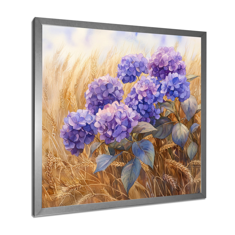 Hortensias dans le champ de blé - art mural sur toile Hydrangea, Reproduction encadrée d'une seule photo, Argent argent