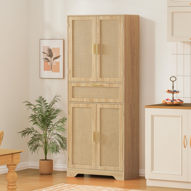 Grande armoire de rangement pour garde-manger 67 po Jymari, 1 grand tiroir et 2 grandes armoires, Naturel, Or