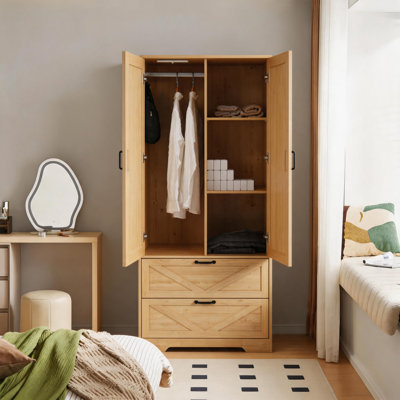 Armoire en bois de ferme avec porte miroir, armoire haute avec tiroirs et tablettes