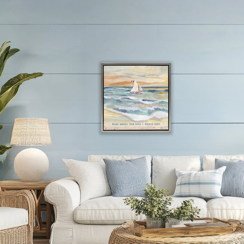 Cadre flottant Boat Waves Sun Rays Beach Days, design par Audrey Jeanne Roberts, H 25 po x l 25 po