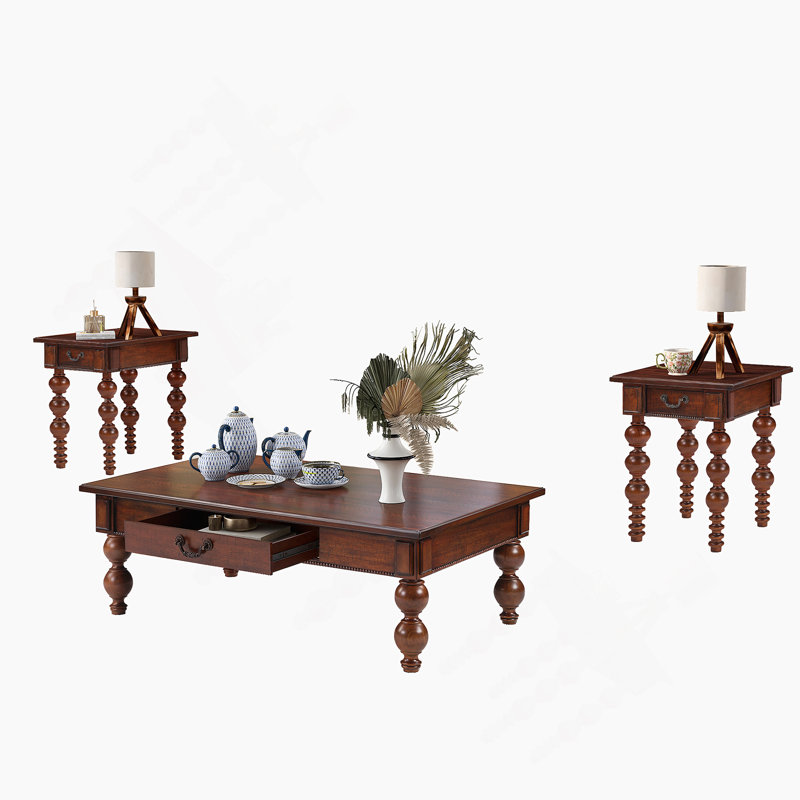 Ensemble de 3 tables basses en bois massif avec tiroir, table basse rétro et 2 tables de bout pour le salon, le bureau et un appartement (noyer)