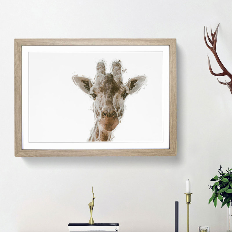 Curious Giraffe in Abstract - Picture Frame Graphic Art Print, 27cm H x 36cm W x 2cm D, Oak Framed