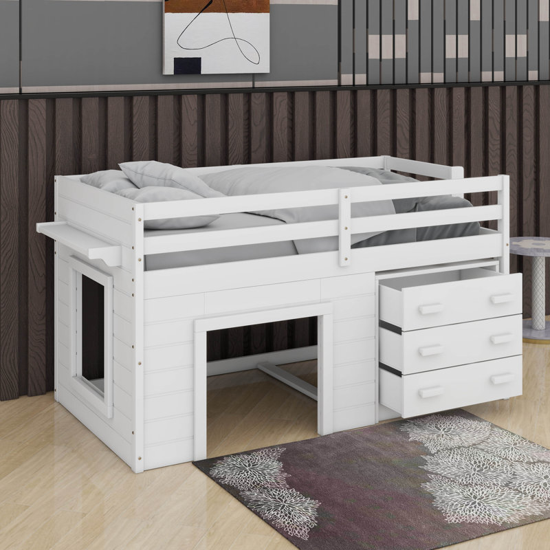 Lit mezzanine simple avec armoire et tablette, Blanc