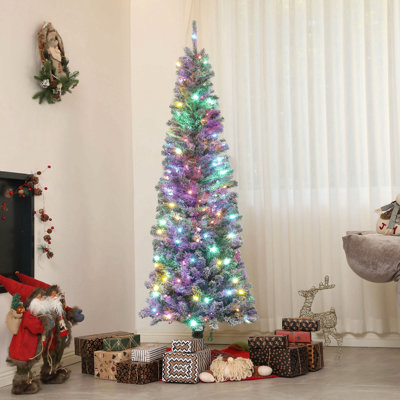 Arbre de Noël au crayon pré-éclairé, arbre de Noël artificiel avec lumières à DEL bicolores et bouts de branches, arbre de Noël floqué avec support en métal pour les fêtes, vert