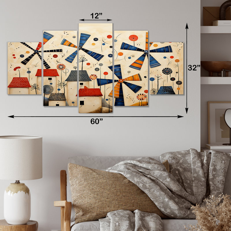  «Folk Art Wind Turbines Village IV - Wind Turbines Multipanel Wall Art for Living Room