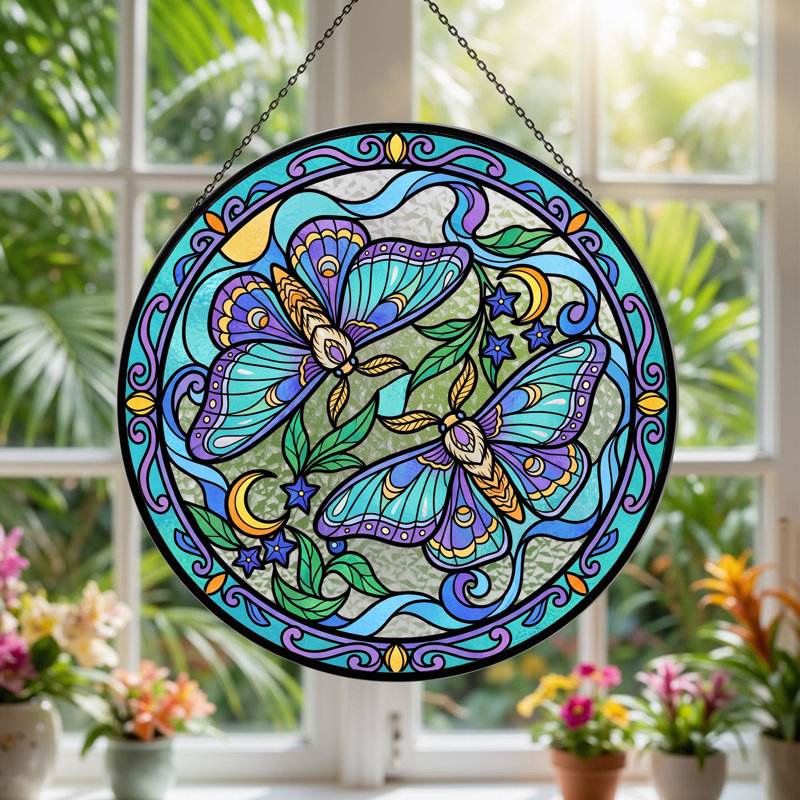Moth Moon Stained Glass Window Panel，7.8H, 7.8"H