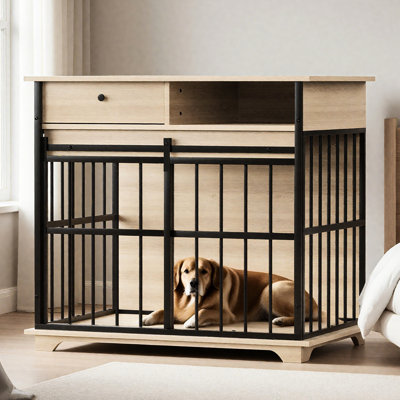Grande caisse pour chien, plateau et rangement, fabrication en fer, dimensions du produit, tiroir lisse, plateau en bois massif, meuble intérieur moderne pour chiens de taille moyenne - 35,65 x 23,19 x 33,58 pouces, noir naturel