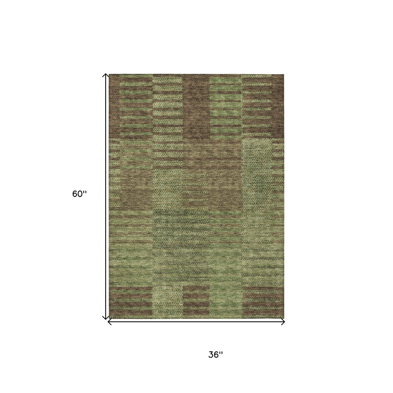 3' X 5' Brown Taupe And Green Striped Washable Indoor Outdoor Area Rug