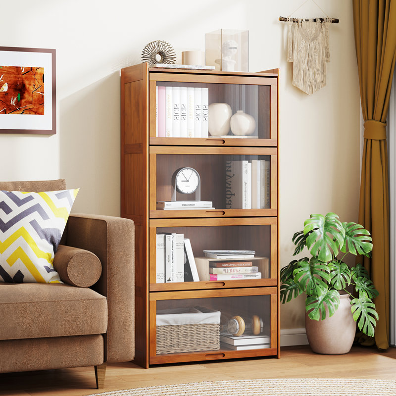 4-Tier Bamboo Bookshelf w/Doors See-through Acrylic Doors Freestanding Bookcase, Brown