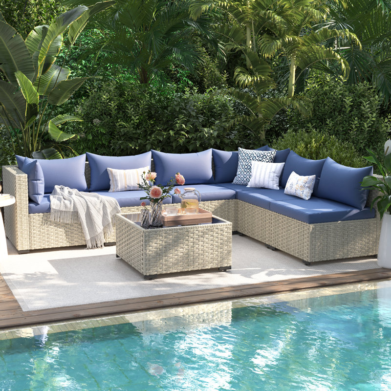 7 Pieces Rattan Patio Conversation Sets With Cushions, Haze Blue