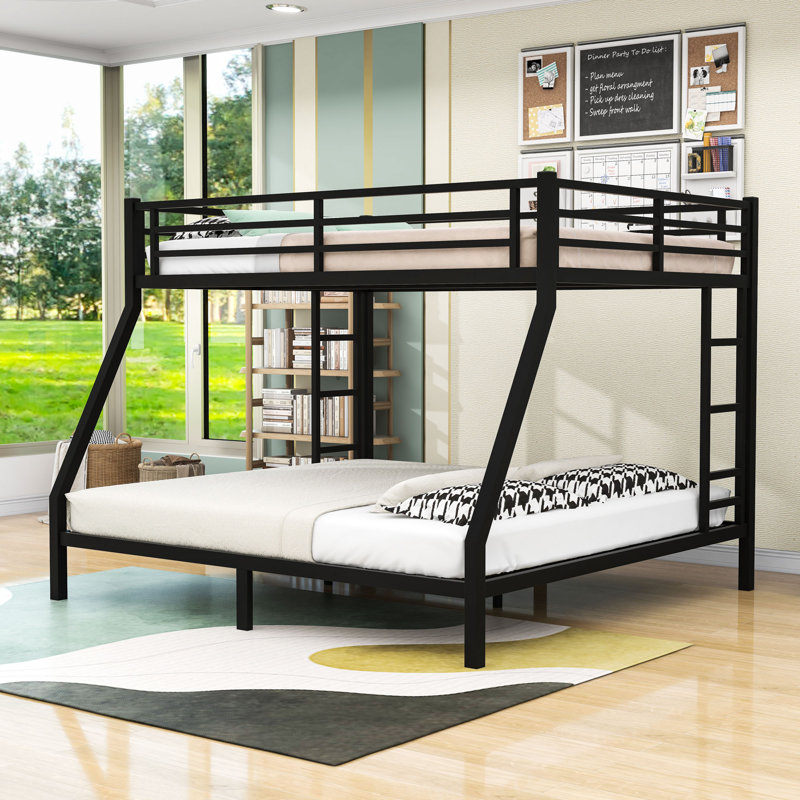  Metal Bunk Bed with Guardrails, Queen Over King, Black
