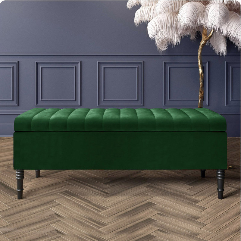 Paris Striped Ottoman Storage Bench - Upholstered Plush Velvet Shoes Bench with Black Turned Wooden Legs, Forest Green
