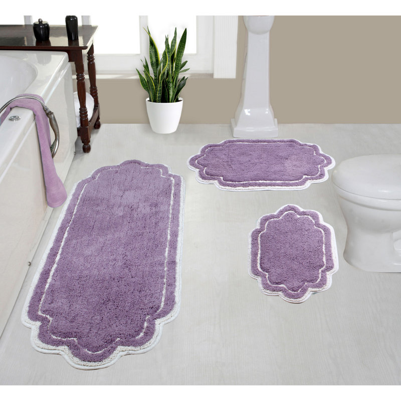 Dobrinka Cotton Bath Rug Set, Machine Washable, Quick Dry, Absorbent - 3 Piece Set, Purple