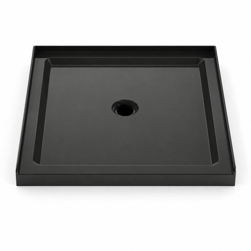 Receveur de douche en acrylique à seuil unique avec bonde centrale, dimensions : 91,4 cm (L) x 91,4 cm (P) x 8,9 cm (H)