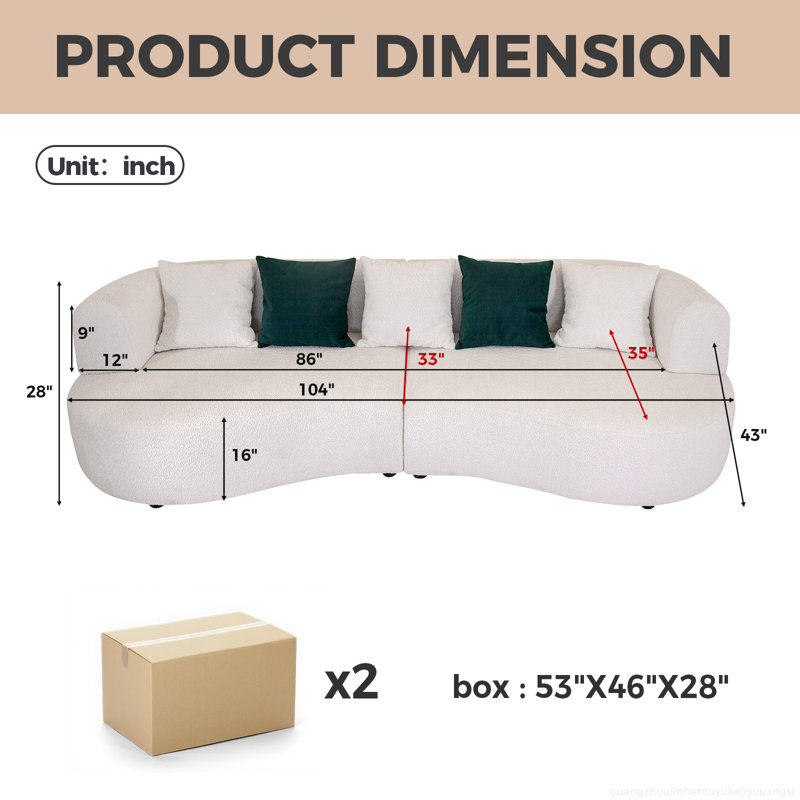 104" W Modern Curved Sherpa Upholstered Sofa, Oversized 5-Seat Cream Couch with Solid Wood Frame and 5 Throw Pillows