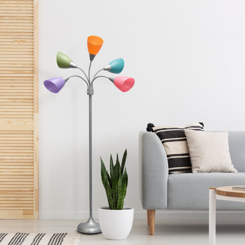 Simple Designs 67" Contemporary Multi Head Medusa 5 Light Adjustable Gooseneck w/ Multicoloured Shade, Silver
