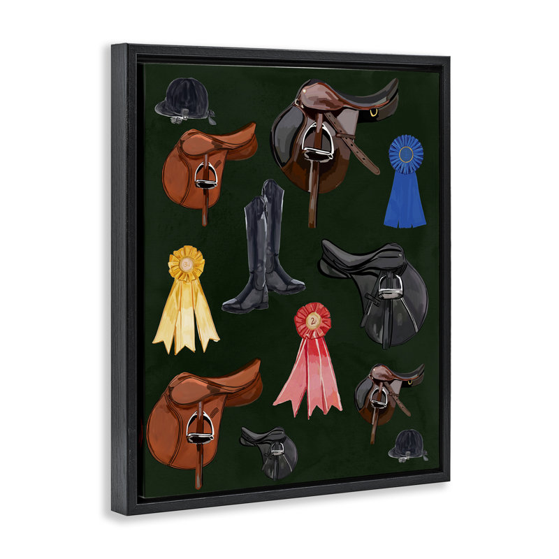 Toile équestre avec rubans et rubans, art mural encadré par Amelia Noyes, Cadre flottant noir de jais, H 21 po x l 17 po