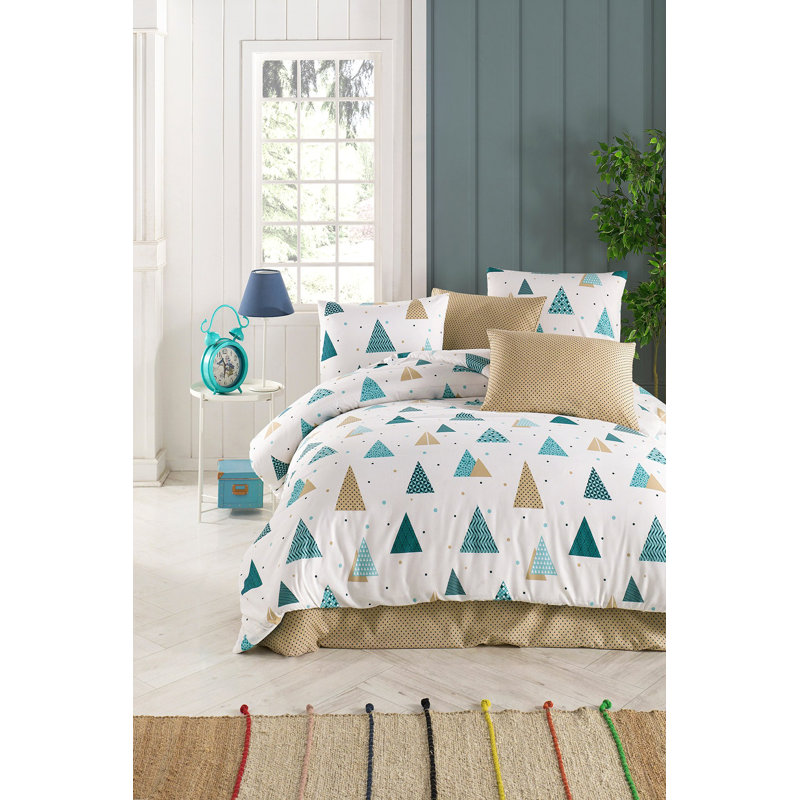 Elegant Single Quilt Cover Set, White & Blue & Beige, 53.1 x 78.7 inches | 65% Cotton / 35% Polyester, 120 Thread Count | Machine Washable, Button Closure Duvet & Envelope Pillowcase, Stylish Pigment Printing