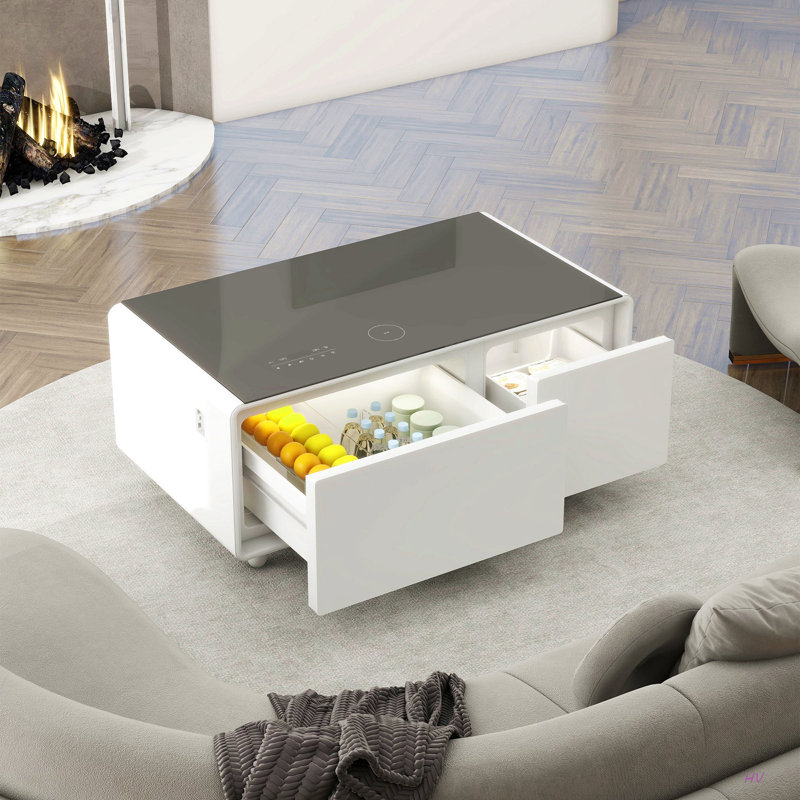 Modern Smart Coffee Table With Built-In Fridge, Tooth Speaker, Wireless Charging, Touch Control Panel, USB Ports, Outlet Protection, Atmosphere