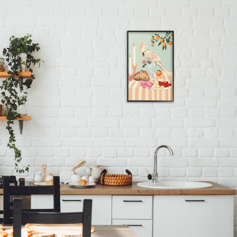 Giclée encadrée de petit-déjeuner avec oiseau cockatiel, conception de Florentina Dolci, H 18 po x l 12 po
