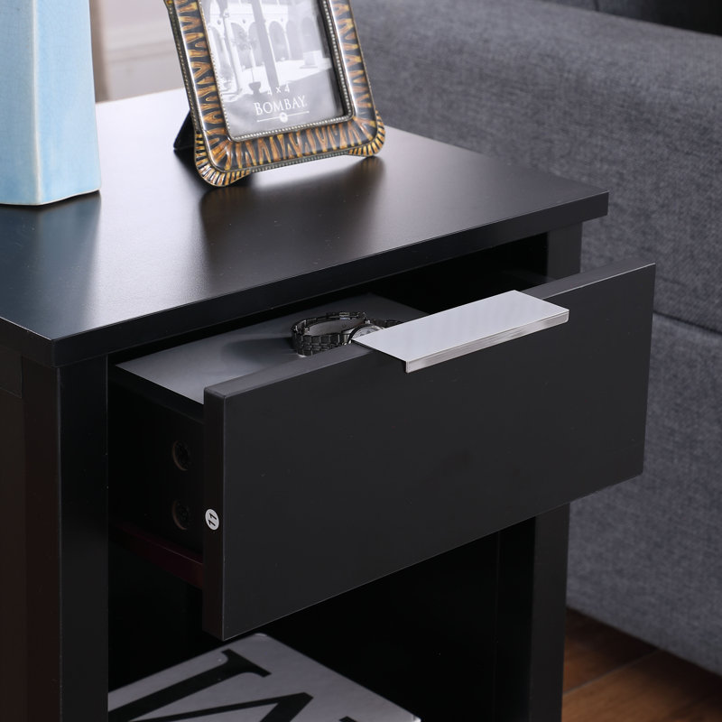 Table de chevet à 3 niveaux avec tiroir - Table de chevet rétro noire et table de bout avec tablettes ouvertes pour la chambre à coucher
