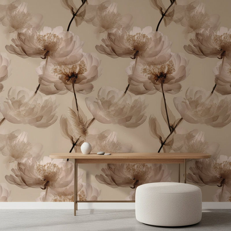 Papier peint floral, décoration murale moderne minimaliste beige