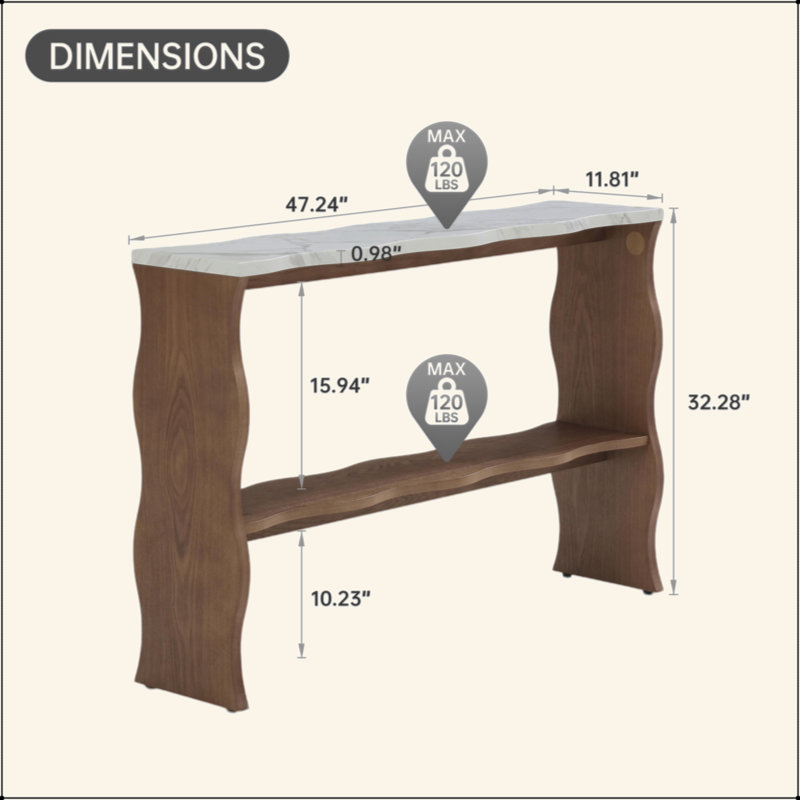 47.24" Whisper Of Waves Modern Console Table W/ White Marble-Pattern Top, Solid Wood Veneered Sofa Table W/ Open Storage Shelf, Entryway Table For Living Room