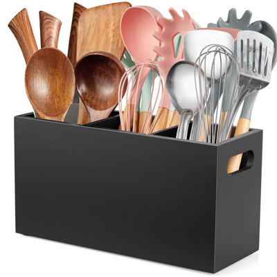 Kitchen Utensil Holder for Countertop, Wooden Large Utensil Caddy Organizer for Counter, 3 Compartment Cooking Utensil Crock, (Acacia)