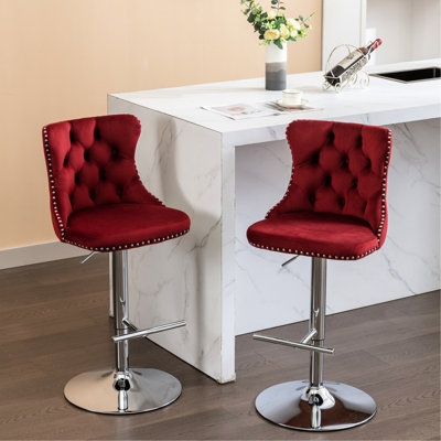 Tabourets de bar pivotants avec revêtement en velours, hauteur réglable de 25 à 33 pouces, base, rouge vin / bourgogne, pour îlot de cuisine et siège de salle à manger, couverts, confort, de 2 bistro