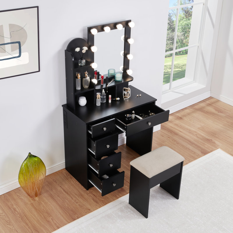 Besancon 4 drawer dressing table with light, Black